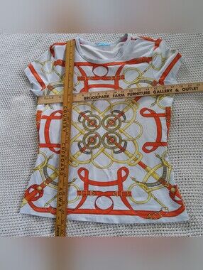 J. McLaughlin White Tee with Orange & Gold Equestrian Motif
